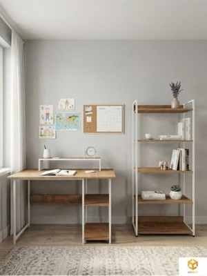 Kazan Hobi Vien 2 Set Kitaplıklı Masa Raflı Çalışma Masası 5 Raflı Kitaplık Monitör Yükseltici; Beyaz, Çam