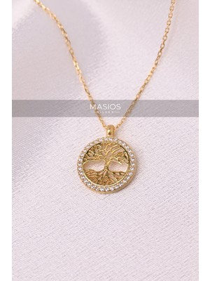 Zirkon Taşlı Gold Renk Hayat Ağacı (Tree Of Life) Model 925 Ayar Gümüş Kolye