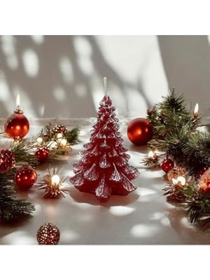 Kazan Hobi 9 cm Yılbaşı Çam Ağacı Temalı Kırmızı ve Gümüş Mum