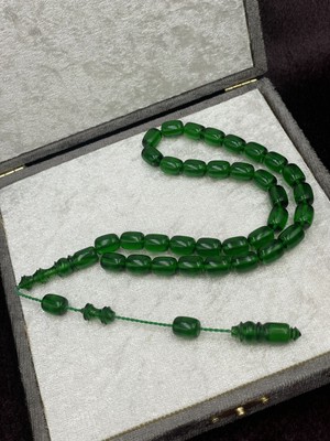 Onurlu Tesbihane Sistemli Yeşil Ateş Kehribar Tesbih (8X12 Mm)
