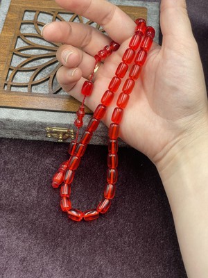 Onurlu Tesbihane Sistemli Kırmızı Ateş Kehribar Tesbih (8X12 Mm)