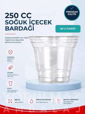 Yorulmaz Ambalaj 🥤 250 cc Plastik Bardak 50 Adet | Kullan At Şeffaf Bardak | Piknik, Parti, Organizasyon Bardağı