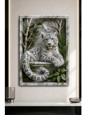 Dekorhane Kar Leoparı Dağ ve Doğa Temalı 3D Kabartmalı Dekoratif Metal Duvar Tablosu