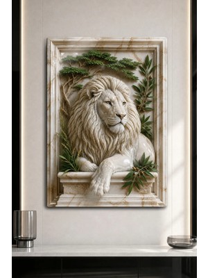 Dekorhane Beyaz Aslan Kral 3D Kabartmalı Lüks Mermer Desenli Dekoratif Metal Tablo
