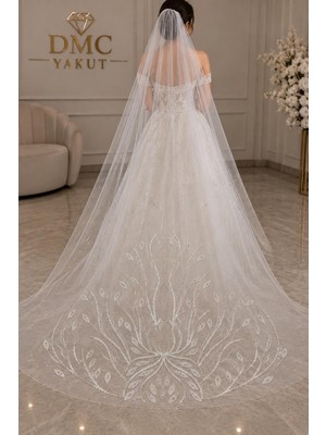 Dmc Yakut Dantel Işlemeli Taş Detaylı Tül Gelin Duvağı 300X200 cm – Düğün, Nikah, Nişan ve Kına Için