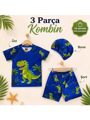 Rony Pony Kids Erkek Çocuk Dinozor Desenli Mayo Takımı 3 Parça Uv Korumalı Tişört Şort Bone Mavi