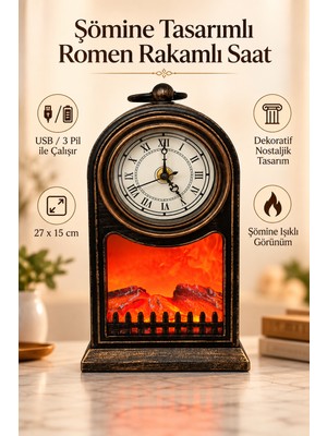 Yenilig Şömine Tasarımlı Romen Rakamlı Dekoratif Masa Saati USB ve Pilli Nostaljik Saat 27X15 cm