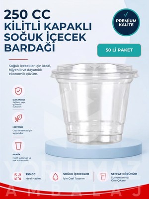 Yorulmaz Ambalaj 🥤 250 cc Kilitli Kapaklı Plastik Bardak 50 Adet | Şeffaf Soğuk Içecek Bardağı | Sızdırmaz Kullan At Bardak