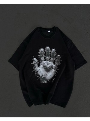 Pileli Store Bisiklet Yaka Baskılı Oversize T-Shirt - Siyah -