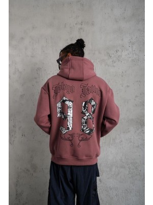 Velmora Fashion Erkek 3 Iplik Pamuklu Kapüşonlu Baskılı Cepli Sweatshirt Hoodie - Gül Kurusu