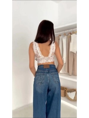 Velmora Fashion Kadın Dantel Bralet Crop Sütyen V Yaka Askılı Şık Esnek Rahat - Beyaz