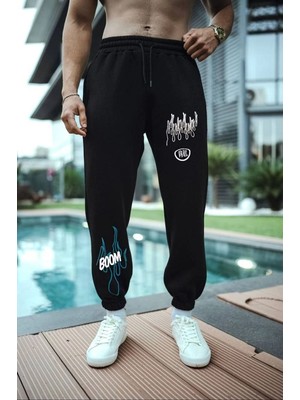 Velmora Fashion Erkek Kışlık Üç Iplik Baskılı Eşofman Pantolon - Siyah