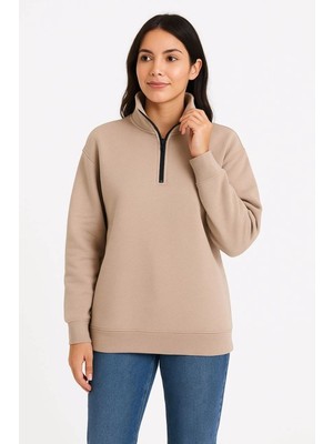 Velmora Fashion Kadın 3 Iplik Dık Yaka Yarım Fermuarlı Sweatshirt - Bej