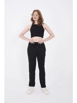Velmora Fashion Kadın 3 Iplik Pamuklu Boru Paçası Cepli Eşofman Pantolon - Siyah