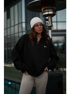 Velmora Fashion Kadın Yarım Fermuarlı Üç Iplik Şardonlu Pamuklu Sweatshirt - Siyah