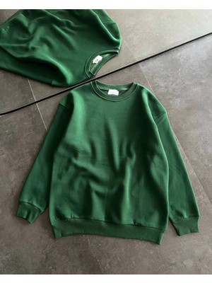 Velmora Fashion Kadın Kışlık Bisiklet Yaka Üç Iplik Basic Sweatshirt - Haki