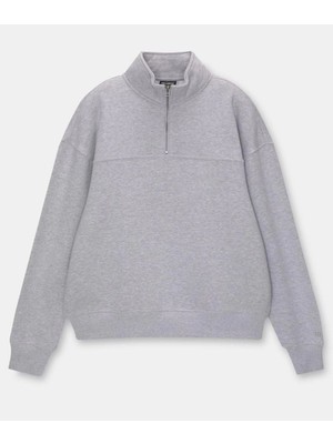 Velmora Fashion Kadın 3 Iplik Pamuklu Oversize Yarım Fermuarlı Yakalı Basic Sweatshirt - Gri