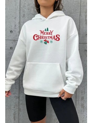 Velmora Fashion Yılbaşı Merry Christmas Baskılı Oversize Kapüşonlu Sweatshirt Hoodie - Beyaz
