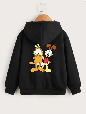 Velmora Fashion Çocuk Unisex Kapüşonlu Ön ve Arka Garfield Baskılı Sweatshirt - Siyah