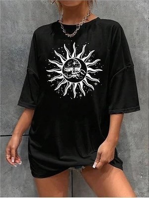 Velmora Fashion Kadın Baskılı T-Shirt Kısa Kol Bisiklet Yaka Regular Fit Rahat Kalıp Tişört - Siyah