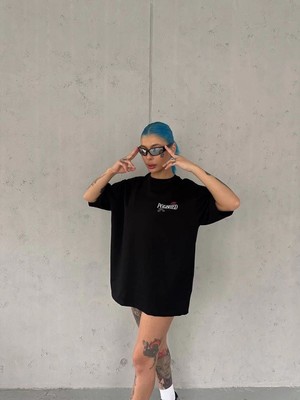 Velmora Fashion Kadın Bisiklet Yaka Baskılı Kısa Kol Oversize T-Shirt - Siyah