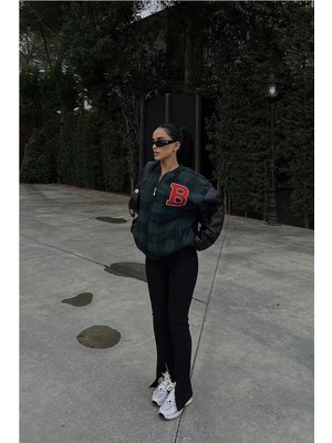 Velmora Fashion Kadın Pötikare Desen Nakışlı Kolej Ceket - Haki