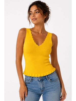 Velmora Fashion Kadın Likralı Polelit Iplik Ön Arka V Yaka Volanlı Atlet Bluz Triko - Sarı