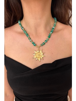 Suerte Accessories Çelik Lotus Çiçeği Uçlu Yeşil Akik Doğal Taş El Yapımı Özel Tasarım Doğaltaş Kadın Kolye