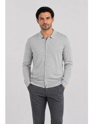 Made In Italy Erkek Polo Yaka Düğmeli Yün Ipek Triko Hırka U008229 Gri