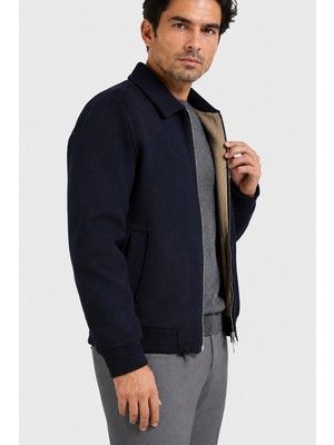Made In Italy Erkek Klasik Yaka Fermuarlı %100 Yün Mont U008215 Lacivert