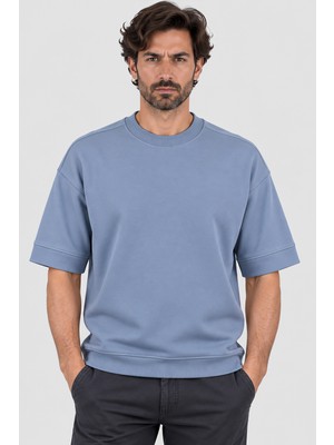 Gızzıt Italy Erkek Oversize Bisiklet Yaka T-Shirt U008028 Mavi