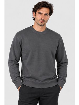 Gızzıt Erkek Yıkamalı Bisiklet Yaka Sweatshirt U007841 Füme