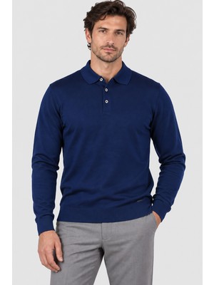 Made In Italy Erkek Düğmeli Polo Yaka %100 Yün Triko Kazak U008190 Lacivert