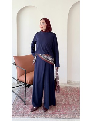 RFK Butik Kadın Oys.ho Günlük Şık Rahat Kalıp Tunik Pantolonlu Tesettür Takım - Lacivert