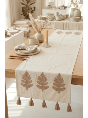 Buldan Natura Üçlü Ağaç Nakışlı Püsküllü Dekoratif Runner 40×130 cm – Renk: Bej