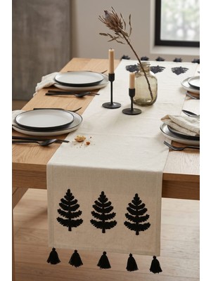 Buldan Natura Üçlü Ağaç Nakışlı Püsküllü Dekoratif Runner 40×130 cm – Renk: Siyah