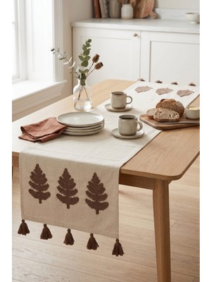 Buldan Natura Üçlü Ağaç Nakışlı Püsküllü Dekoratif Runner 40×130 cm – Renk: Kahve