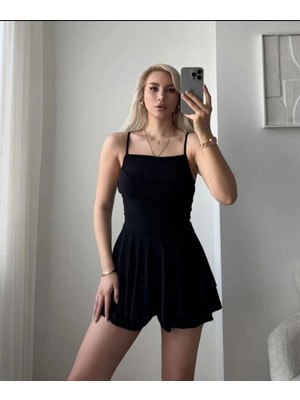 Velmora Fashion Kadın Straplez Mini Etek Görünümlü Şortlu Elbise Büzgülü Şık Yazlık - Siyah