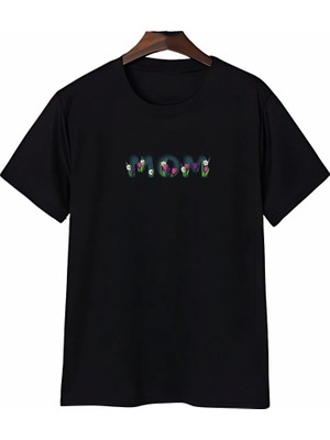 Velmora Fashion Anneler Günü Mom Çiçek Temalı Baskılı Oversize Bisiklet Yaka T-Shirt - Siyah