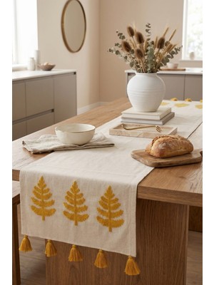 Buldan Natura Üçlü Ağaç Nakışlı Püsküllü Dekoratif Runner 40×130 cm – Renk: Sarı