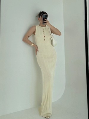 Velmora Fashion Kadın Kalın Fitilli Uzun Triko Elbise - Kırık Beyaz