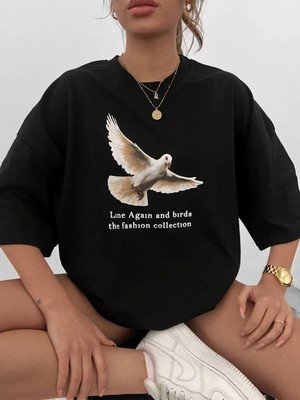 Pileli Store Bisiklet Yaka Baskılı Oversize T-Shirt - Siyah -