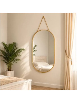 Dekoratif Duvar Aynası - Gold Metal Çerçeveli - Ip Askılı - 24X40 cm Midastech