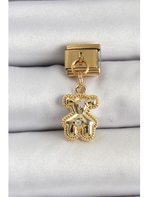 Pileli Store  316L Çelik Sallantılı Zirkon Taşlı Ayıcık Model Gold Renk Nomination Charm TG27BC1432