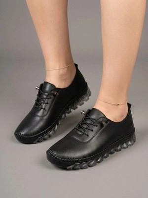Beren Hakiki Deri Siyah Kadın Ayakkabı Ortopedik Taban Düz Esnek Bağcıklı Comfort Casual Günlük Sneaker