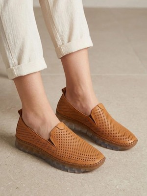 Beren Hakiki Deri Taba Kadın Ayakkabı Lazer Delikli Ortopedik Taban Slip-On Casual Günlük Yürüyüş Ayakkabısı