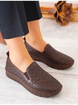 Beren Hakiki Deri Acı Kahve Kadın Ayakkabı Lazer Delikli Ortopedik Taban Slip-On Casual Günlük Yürüyüş Ayakkabısı