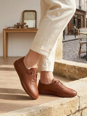 Beren Hakiki Deri Taba Kadın Yürüyüş Ayakkabı Ortopedik Taban Düz Esnek Bağcıklı Comfort Sneaker