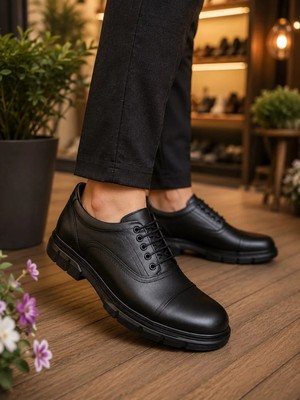 Beren Erkek Siyah Hakiki Deri Ortopedik Iç Tabanlı Cap-Toe Bağcıklı Günlük Casual Ayakkabı