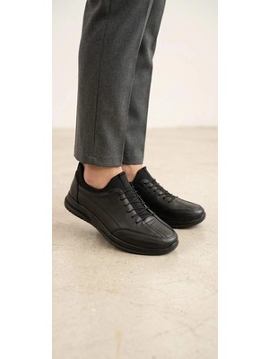 Beren Erkek Hakiki Deri Siyah Esnek Boğazlı Casual Ayakkabı Ortopedik Taban Sneaker